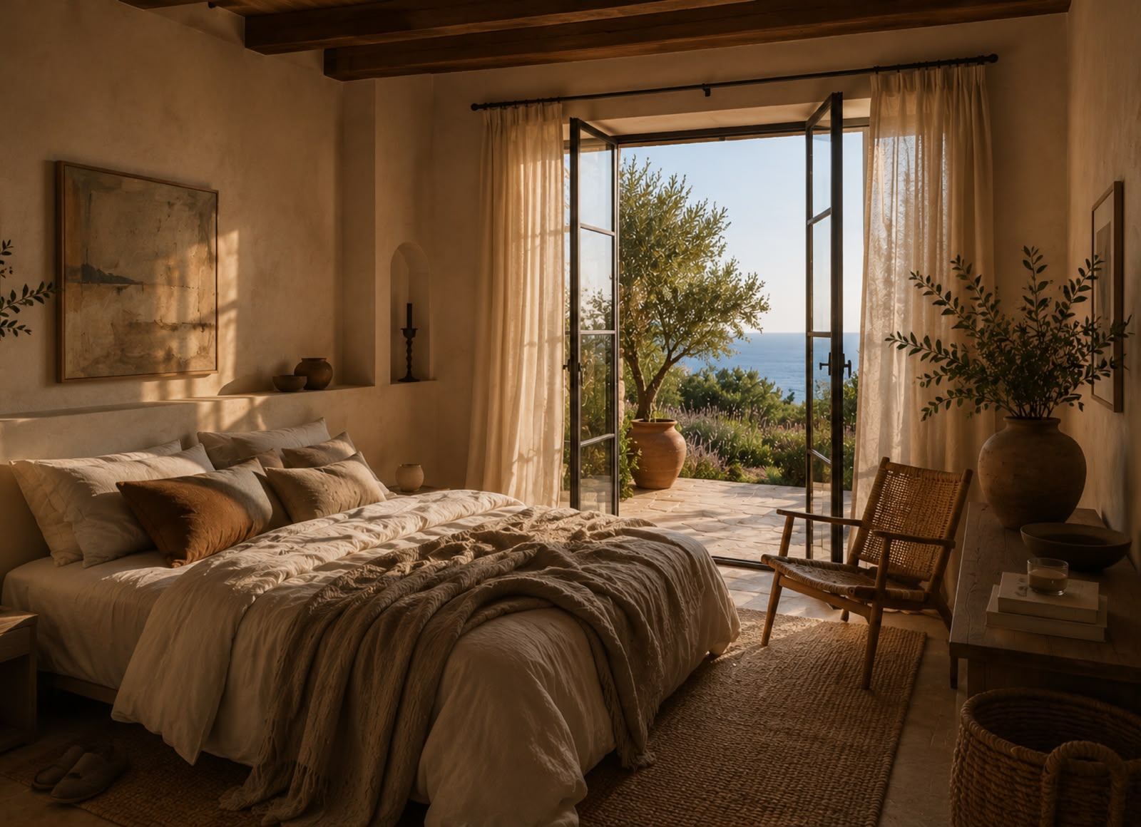 Atmósfera Luz — dormitorio al atardecer con vistas al mar