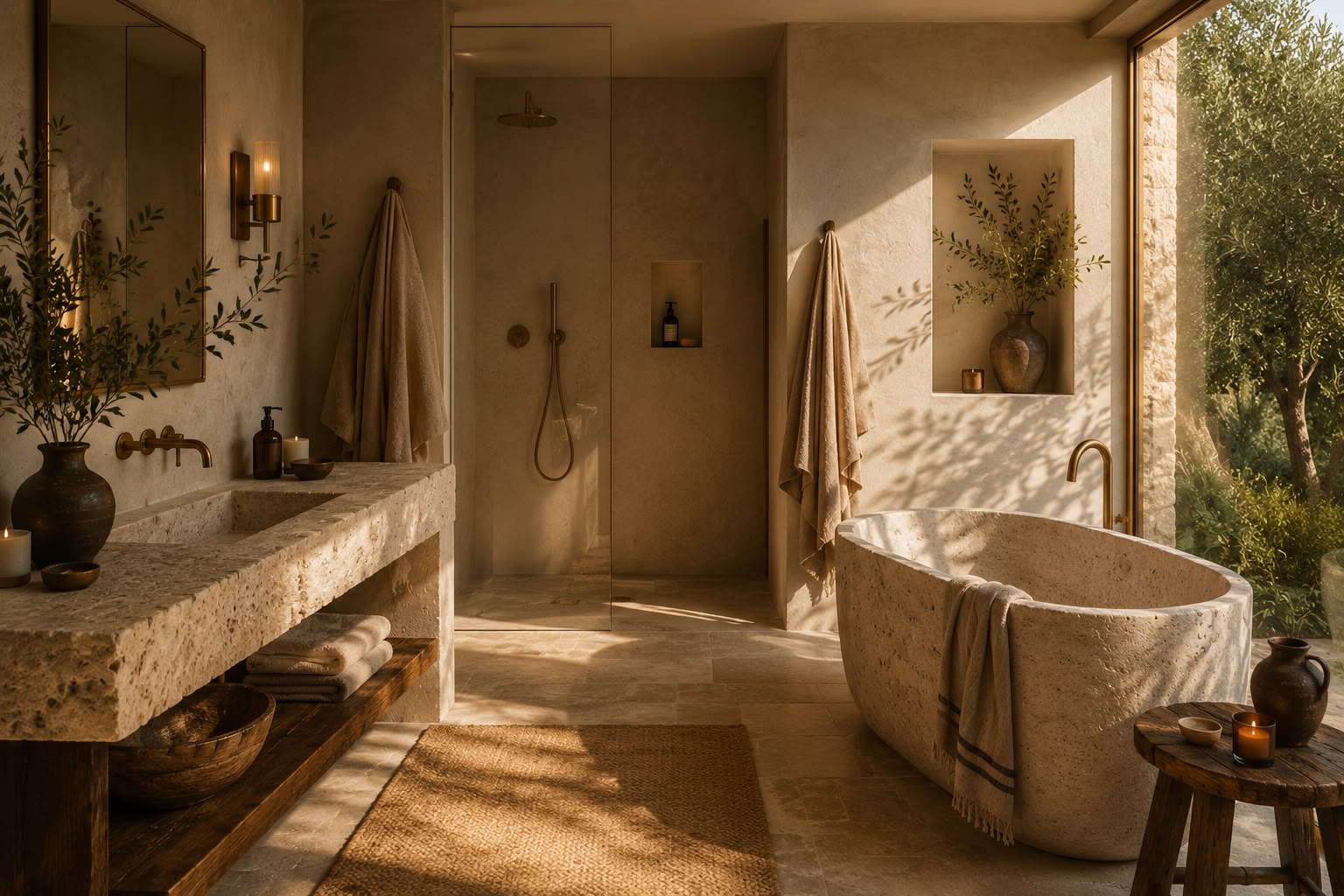 Atmósfera Materia — baño en travertino y latón
